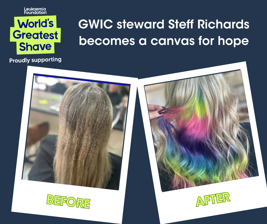 Before and After photos of Steff (GWIC Steward) participating in the Worlds Greatest Shave